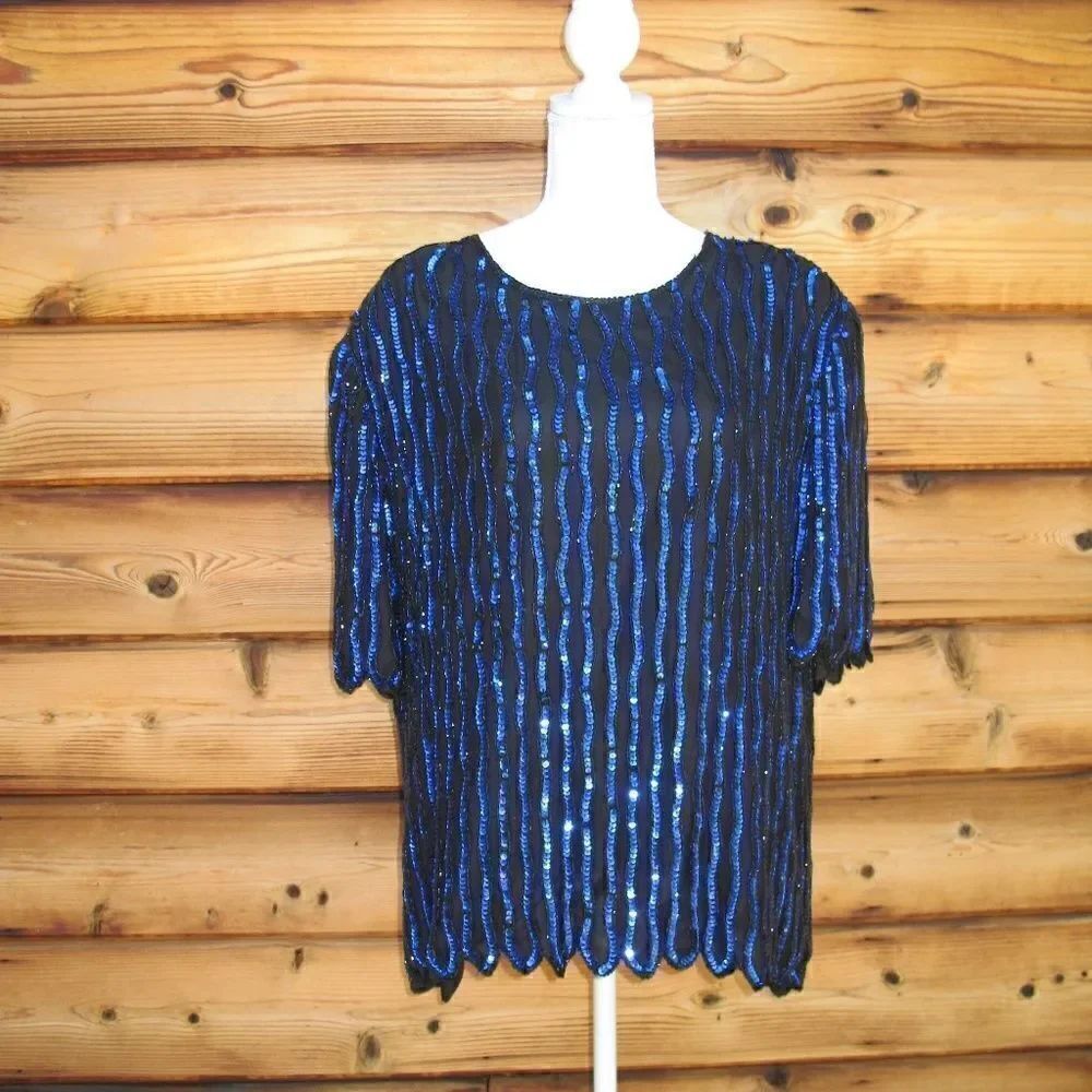 Laurence Kazar Black Blue Sequin Blouse Top